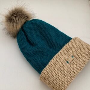 Cozy Teal and Tan Kids Pom-Pom Beanie